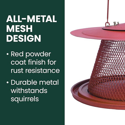 Perky-Pet Red Cardinal Wild Bird Feeder, 2.5 lb Seed Capacity | Holds Up to 15 Birds Simultaneously, Metal Hanging Feeder for Outdoors, Mesh Design, Built-In Hook & Circular Tray, C00322