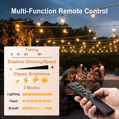 SUFEIMAS LED-Outdoor-String-Lights-Patio-Light-Outside 100FT Waterproof String Light with Remote Dimmer Outdoor Lighting with 68 Plastic Bulbs Hanging Lights for Porch Garden Backyard,1.5 FT Spacing