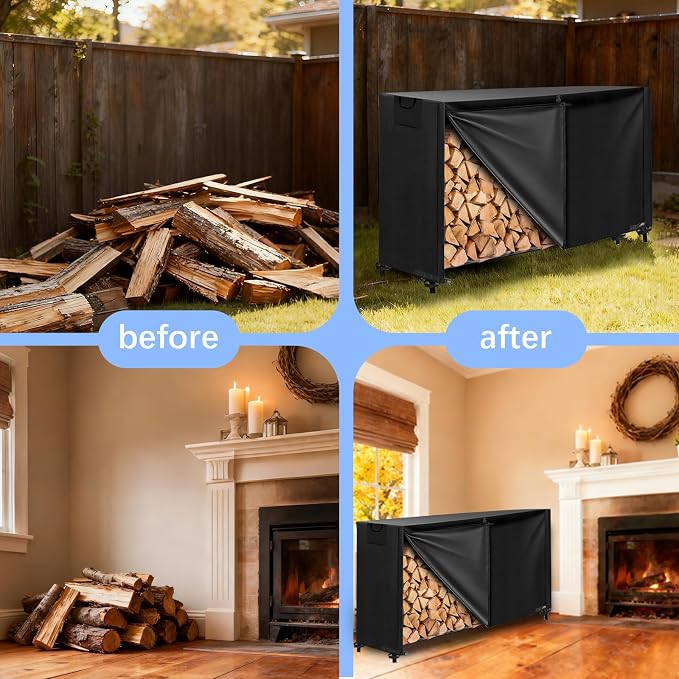 KALINCO 6FT Firewood Rack Cover, Heavy Duty 600D Waterproof Outdoor Firewood Storage Cover with Zipper and Hook Loop Tape (Log Rack not Included)