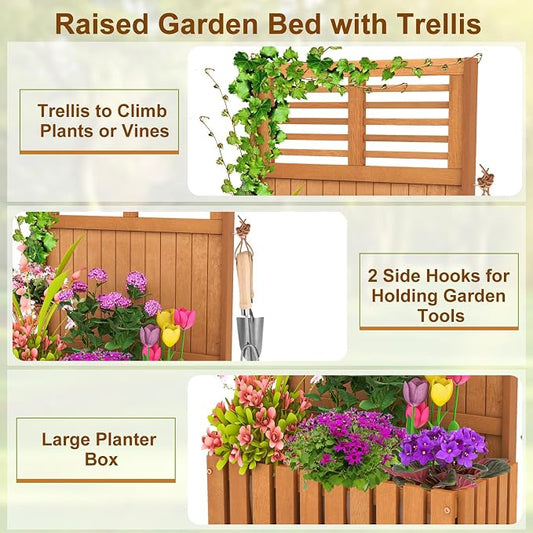 HAPPYGRILL Raised Garden Bed, Wooden Planter w/Trellis & Privacy Screen for Hanging Pot Plants, Outdoor Elevated Planter Box w/Slatted Bottom & 2 Side Hooks for Balcony Patio Garden (1)