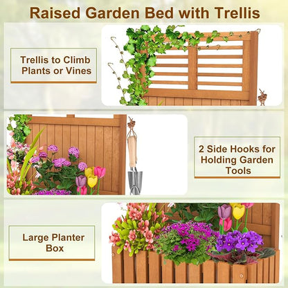 HAPPYGRILL Raised Garden Bed, Wooden Planter w/Trellis & Privacy Screen for Hanging Pot Plants, Outdoor Elevated Planter Box w/Slatted Bottom & 2 Side Hooks for Balcony Patio Garden (2)