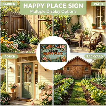 Funny Garden Metal Signs, Vintage Outdoor Wall Decor 12x8 Inch | This is My Happy Place, Weatherproof Aluminum Sign for Patio Yard Greenhouse, Gift For Gardeners