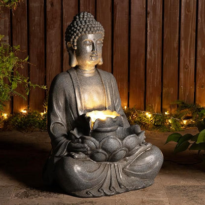 Glitzhome 28.25" Zen Buddha Fountain, Large Outdoor Water Fountain with LED Light, Polyresin Stone Powder Concrete Finish Meditating Buddha Statue for Garden Patio Yard Deck, 4 Warm LED Lights