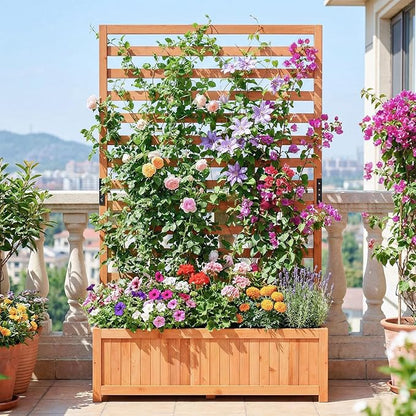 HAPPYGRILL Raised Garden Bed with Trellis, 59" Tall Wooden Elevated Planter Box w/Liner, Drainage, Detachable Base Panel for Climbing Plant Vine Flower, Outdoor Planter w/Trellis for Patio (2)