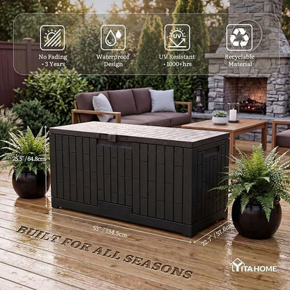 YITAHOME 120 Gallon Large Deck Box | 53"L x 22.7"W x 25.5"H Resin Outdoor Storage Box with Slide-Locking Lid for Patio Cushions, Garden Tools, Pool Supplies, Easy