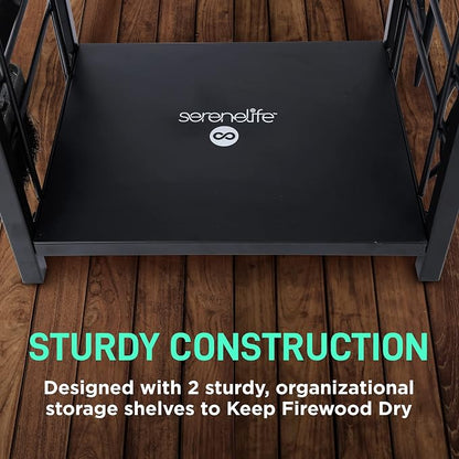 SereneLife Heavy Duty Firewood Rack Holder, Metal Log Storage Organizer with Shelves & Fireplace Tools, Black Powder Coated Wood Stacker for Indoor Fireplace, Outdoor Patio, Deck, Backyard