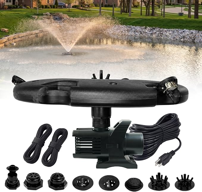 Half Off Ponds 1.5 HP Floating Fountain and Aerator | 12,500 GPH output, 11 spray patterns, White LED lights, 200 ft heavy-duty cord, Energy-efficient