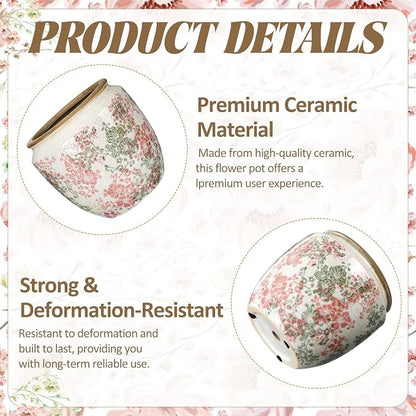 LemonRoad 7 Inch Large Vintage Ceramic Planter with Drainage Holes Ice Crackle Flower Vase Flower Pot with Farmhouse Rose Pattern for Indoor Outdoor Plants Garden Home Kitchen Office Shelf Decor