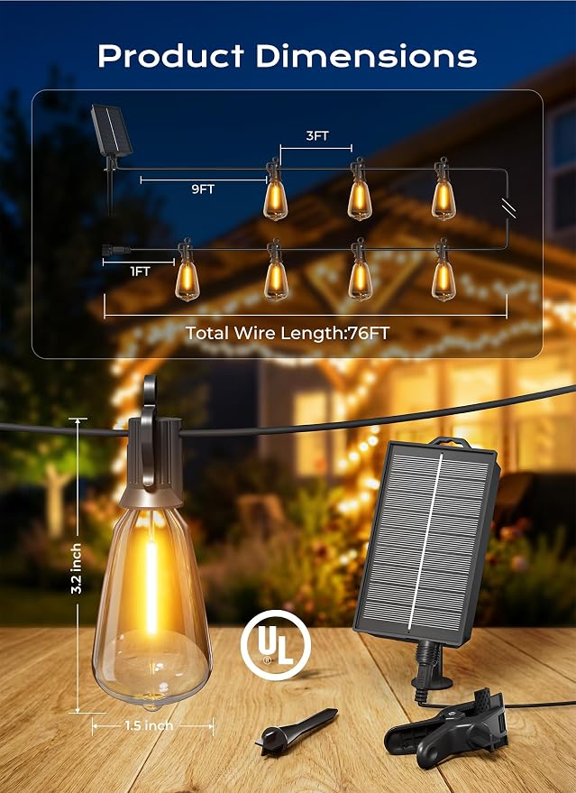 Brightown 76FT Solar String Lights Outdoor Waterproof, Patio Lights with Remote and 23+1 LED Shatterproof Bulbs, Dimmable & Timable, 3 Light Modes, Solar Lights Outdoor for Yard Camping Party Outside
