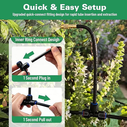 Riboud 110Ft Drip Irrigation System, 2026-Upgrade Garden Watering Kit with 16 Adjustable Copper Rotating Arm Nozzles, 360° Flexible Spray Irrigation Kit for Raised Beds, Lawn, Greenhouse