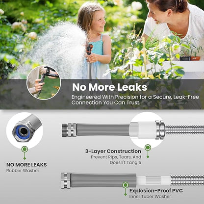 Giraffe Tools Garden Hose 100ft x 3/4", 304 Stainless Steel Metal Water Hose, No Kink Garden Water Hose with 9 Pattern Spray Nozzle, Flexible, Lightweight, Kink Free Hose for Yard, Outdoor