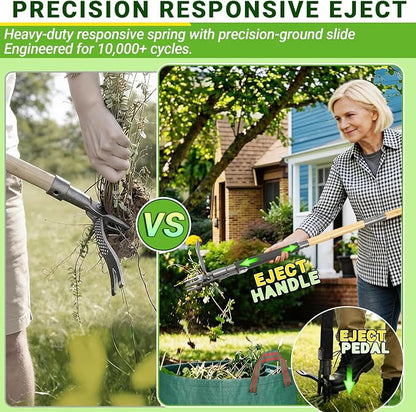57.5" Weed Puller Tool for Lawn Yard, Dual-Eject Mechanism with Bag | 4-Claw Steel Head,Adjustable 57.5" Bamboo Long Handle,Supports a weight of 265 lbs,Includes 16 Gallon Leaf Bag