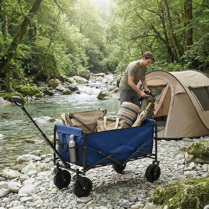 DUMOS Collapsible Wagon Cart, Heavy Duty Foldable Utility Wagon with Lockable Brake Wheels – 330 lbs Capacity, Flexible Handle for Beach, Garden, Sports, Grocery & Camping, Blue