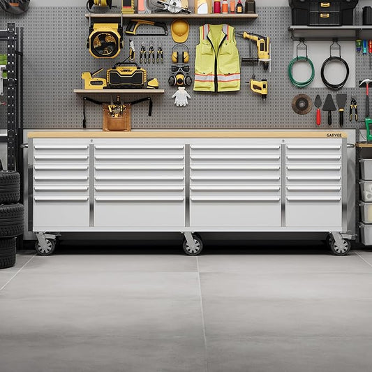 Garvee 96-Inch Heavy-Duty Rolling Tool Chest & Mobile Workbench with 24 Drawers, Rubber Wood Tabletop, Key Locking System, Drawer Liners and Wheels, Steel Storage Cabinet for Garage, Workshop