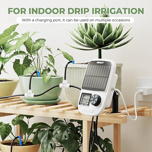 HIRALIY Solar Drip Irrigation System with Timer, Automatic Plant Watering Kit with USB Backup, 12 Drip Emitter Stakes, 40FT Tubing, Water Shortage Alarm for Potted Plants, Patio & Indoor Use