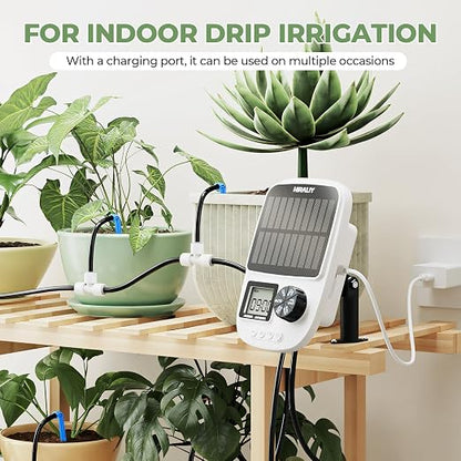 HIRALIY Solar Drip Irrigation System with Timer, Automatic Plant Watering Kit with USB Backup, 12 Drip Emitter Stakes, 40FT Tubing, Water Shortage Alarm for Potted Plants, Patio & Indoor Use