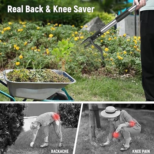 GOXAWEE Stand Up Weed Puller Tool, 4-Claw with Adjustable 46” Handle | Remove Weeds Without Bending, Pulling or Kneeling