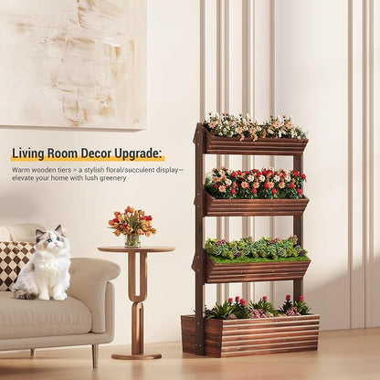 Garden Bed Vertical Wooden Raised Garden Bed Planters Wood Planter Kit Plant Stand Flower Rack Planter Box Gardening Plants Herbs Flowers Vegetables Outdoor Indoor Freestanding (Carbonized 4-Tier)
