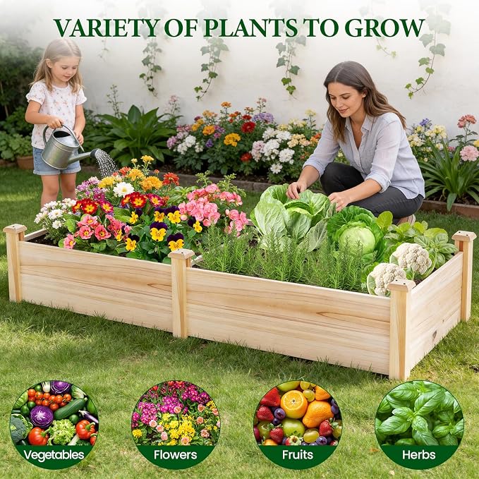 MIXC 8×2ft Wooden Horticulture Raised Garden Bed Outdoor Divisible Elevated Planting Planter Box for Vegetables, Herbs, Strawberry, Flowers in Backyard and Patio, Natural Wood