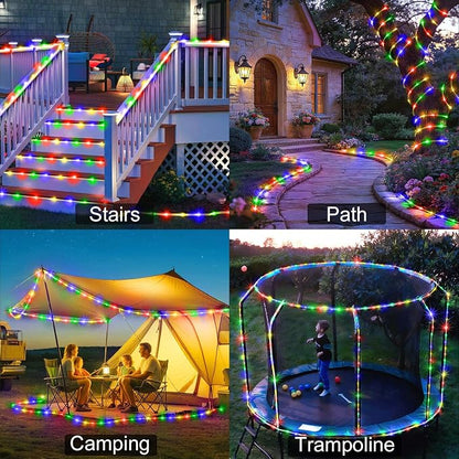 KNONEW Solar Rope Lights Outdoor 300LED 50FT Solar String Lights Outside Waterproof with Modes Clear Thin Tube for Pool Tree Patio Garden Fence Camping Yard Deck Trampoline（Multicolor）