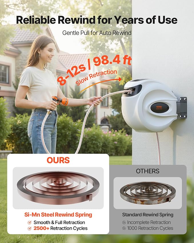 VEVOR Retractable Hose Reel, 100 ft x 1/2 inch, 180° Swivel Bracket Wall-Mounted, Garden Water Hose Reel with 9-Pattern Nozzle, Automatic Rewind, Lock at Any Length, and Slow Return System