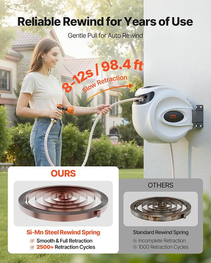 VEVOR Retractable Hose Reel, 100 ft x 1/2 inch, 180° Swivel Bracket Wall-Mounted, Garden Water Hose Reel with 9-Pattern Nozzle, Automatic Rewind, Lock at Any Length, and Slow Return System