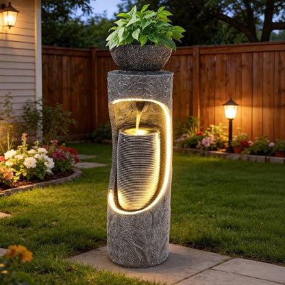 40" Innovative LED Strip Outdoor Water Fountain with Birdfeeder | Unique Dual-Layer Structure Garden Fountain with Soothing Waterfall Foutain for Patio Backyard Garden or Porch Decor