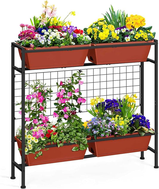 OYEAL Raised Garden Beds with Legs & Trellis, 32" Tall Herb Garden Planters for Indoor/Outdoor Plants, Vertical Elevated Flower Box for Backyard, Porch, Patio, Balcony, Red