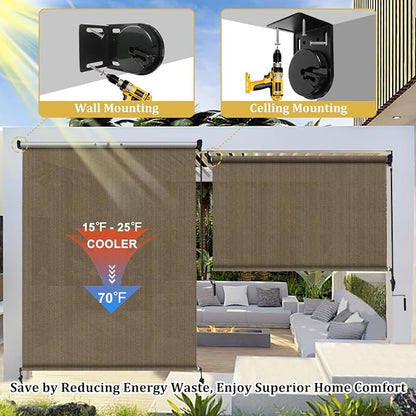Shade&Beyond Custom Size Outdoor Roller Shades Cordless Patio Roll Up Blinds Exterior Shade Cloth Roll for Porch, Coffee Brown