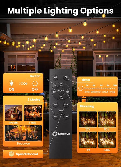 Brightown 38FT 16LED Solar String Lights Outdoor with Remote & USB Port, Shatterproof Bulbs, Dimmable & Timable, 3 Modes, Patio Lights with Mount Clips for Backyard Garden Decor - Last for 36+Hrs