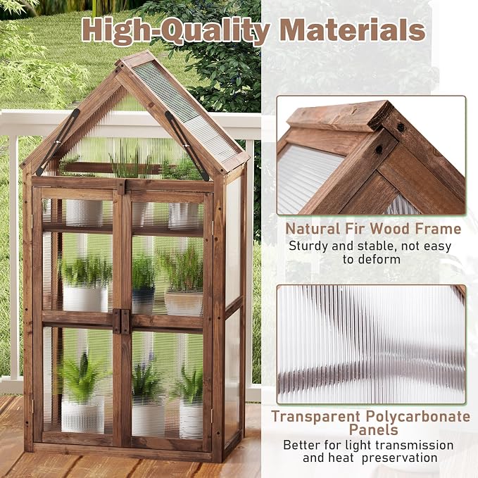 Happygrill Cold Frame, Mini Wooden Green House w/Transparent Openable Roof, Raised Flower Planter Shelf w/3 Adjustable Shelves & Polycarbonate Panels, Small Wood Greenhouse Cabinet for Indoor Outdoors