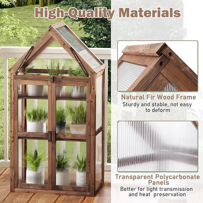 Happygrill Cold Frame, Mini Wooden Green House w/Transparent Openable Roof, Raised Flower Planter Shelf w/3 Adjustable Shelves & Polycarbonate Panels, Small Wood Greenhouse Cabinet for Indoor Outdoors