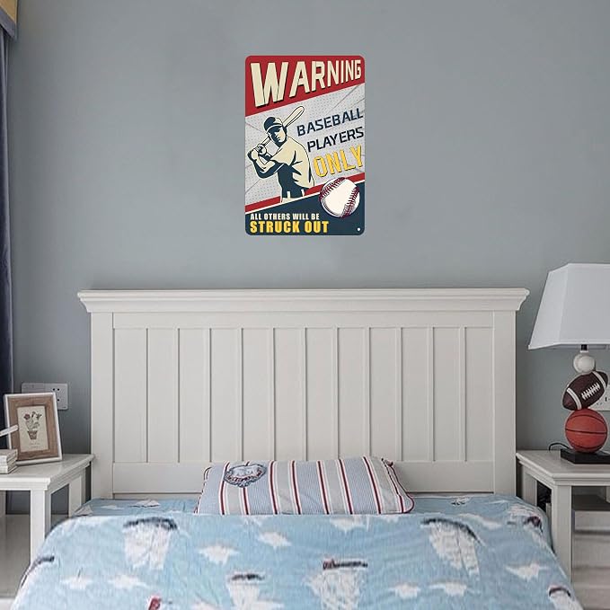 Warning Baseball Players Only Tin Sign-Funny Signs Baseball Poster Warning,Sports Bedroom Decor and Baseball Gifts for Boys 8x12Inch