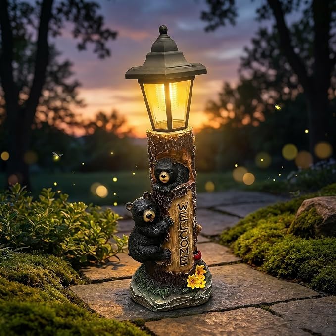 Brown Bear Statue for Garden with Solar Lights, 19 Inch Resin Bear Cubs Welcome Sign Outdoor Decor, Solar Powered Auto On/Off LED, Weather Resistant Yard Lawn Patio Cabin Figurine