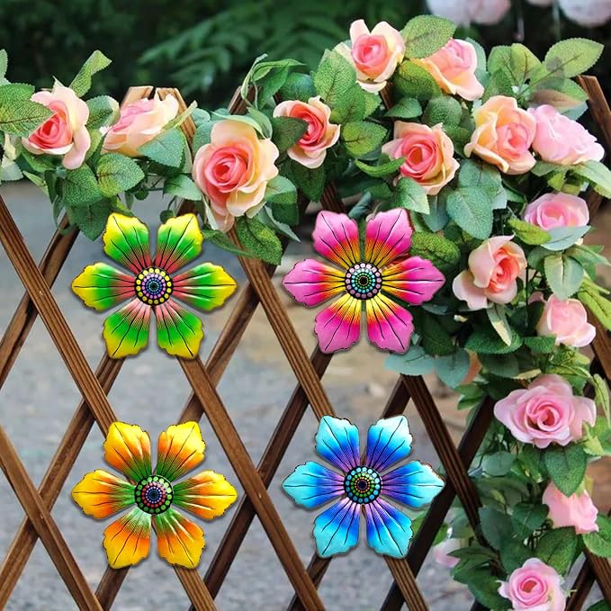 LWINGFLYER 4PCS Metal Butterfly Wall Decor Butterflies for Garden Wall Art Decoration for Fence Patio Accents Balcony Features Beautify Backyards Gardens Porch Living Areas (Flower)