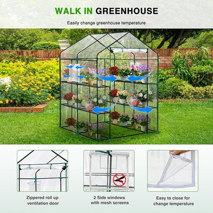 Yesker Greenhouse 57.5"x57"x77" Walk In Green House - Large Outdoor/Indoor Greenhouses with 8 Shelves Waterproof PVC Cover & Windows, Portable Greenhouse Kit for Winter Backyard Gardening Patio, Clear