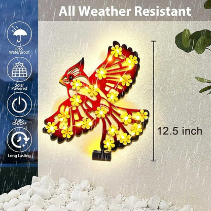 Metal Cardinal Outdoor Wall Decor with 30 Led Solar Lights- 15.9" Outdoor Fence Wall Art Decor, Gift for Mom Grandma Women Birthday Gardening,Hanging Decoration for Garden Patio Porch Yard