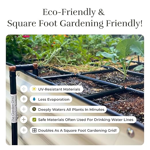 Garden Grid Watering System - 3x3 Standard | Raised Garden Bed Drip Irrigation System – But Better | Pre-Assembled, Waters Every Plant Evenly, 1-Min Setup | Square Foot Gardening | 33.5"x33.5"