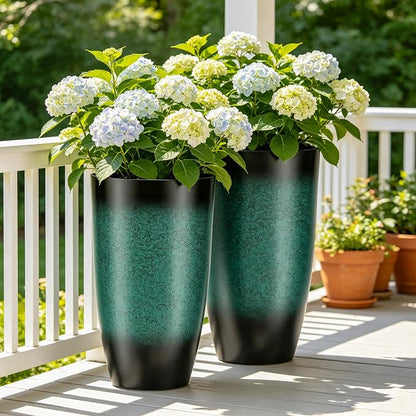 Autodaya 24" Gradient Teal Ceramic-Look Tall Planters Set of 2 | High-Density PP Pots With Drainage Hole for Indoor and Outdoor Plants, Patio, Garden, Porch, Living Room, or Gifting