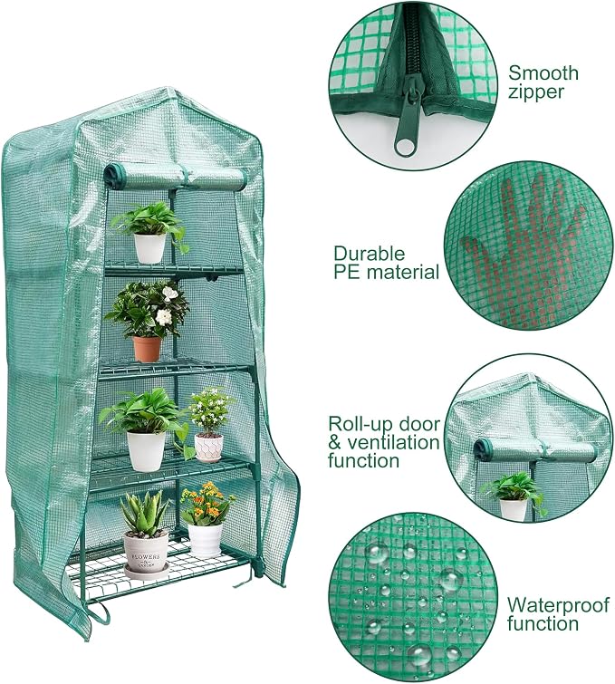 Sfcddtlg 4 Tier Greenhouse Replacement Cover with Roll-Up Zipper Door-PE Plant Greenhouse Cover for Indoor Outdoors Gardening Plants Cold Frost Protection Wind Rain Proof (Frame NOT Include)
