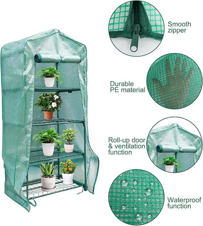 Sfcddtlg 4 Tier Greenhouse Replacement Cover with Roll-Up Zipper Door-PE Plant Greenhouse Cover for Indoor Outdoors Gardening Plants Cold Frost Protection Wind Rain Proof (Frame NOT Include)