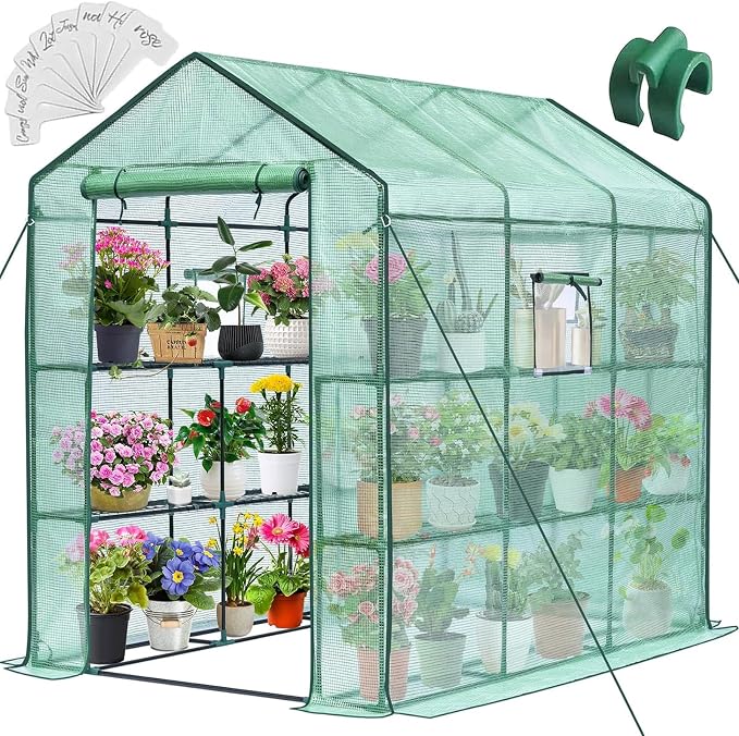Greengro Greenhouse, 57 x 85 x 76'' Greenhouses for Outdoors, Portable Greenhouse with Mesh Side Windows, PE Cover, 8 Shelves, Heavy Duty Walk in Green House for Backyard Garden Indoor Outside, Green