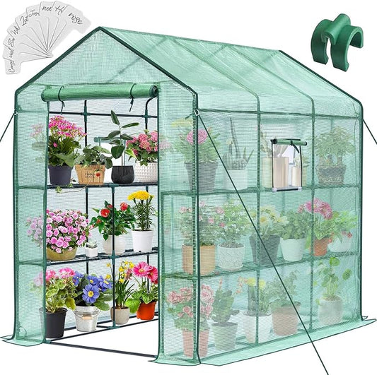 Greengro Greenhouse, 57 x 85 x 76'' Greenhouses for Outdoors, Portable Greenhouse with Mesh Side Windows, PE Cover, 8 Shelves, Heavy Duty Walk in Green House for Backyard Garden Indoor Outside, Green