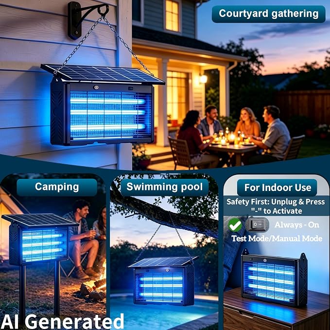 Solar Bug Zapper Outdoor Cordless, 9600mAh Battery | 365-395nm UV Light, IPX5 Waterproof, Dusk-to-Dawn Sensor, 1 Acre Coverage, Black, for Outdoor Indoor Use (20inch)