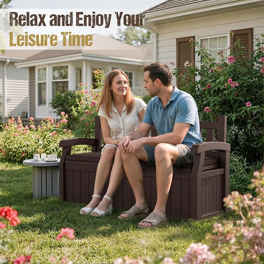 80-Gallon Outdoor Storage Bench with Cushion, Lockable Waterproof Deck Box with Armrests for Patio, Garden, Pool, Brown