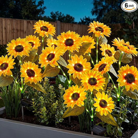 Brightown 6 Pack 3 Head Solar Sunflower Garden Stake Lights Waterproof | 18 glowing stem sunflowers, waterproof solar powered, auto on off decorative stakes for yard, patio, lawn outdoor decoration