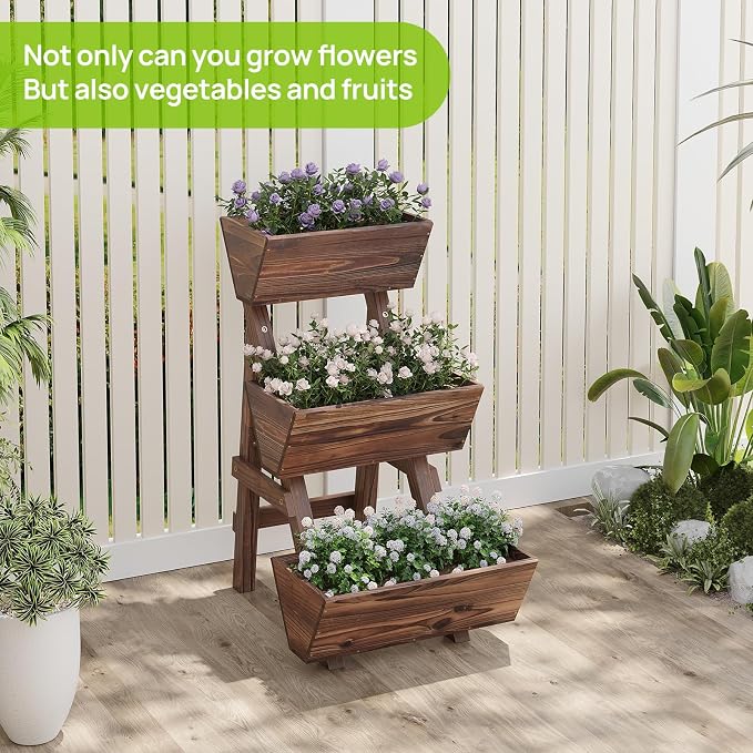 3-Tiers Wooden Raised Garden BedPlanter Box Gardening Outdoor Planter Box Patio Kit Tiered Planter Box Vertical Garden Planter Wood Plant Stand for Patio, Balcony, Freestanding (Carbonized S)