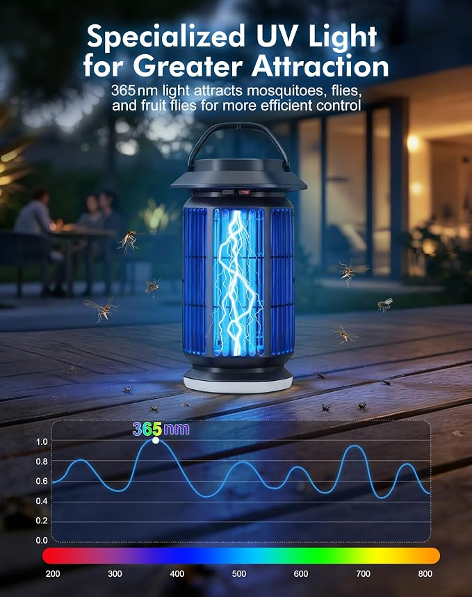 Bug Zapper Outdoor, 4000V Electric Mosquito Zapper, Fly Killer with Built-in Night Light, Insect Fly Trapper with Waterproof ABS Shell for Home, Patio & Garden, Indoor/Outdoor Use, Black