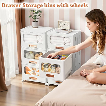 VECELO Plastic Storage Cabinet with Drawers, Stackable Storage Bins with Wheels, Waterproof Bathroom Storage Organizer, Multi-Tier Storage Drawers for Bedroom, Living Room, Kitchen, Medium 3-Tier