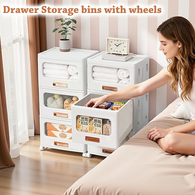 VECELO Plastic Storage Cabinet with Drawers, Stackable Storage Bins with Wheels, Waterproof Bathroom Storage Organizer, Multi-Tier Storage Drawers for Bedroom, Living Room, Kitchen, Medium 2-Tier